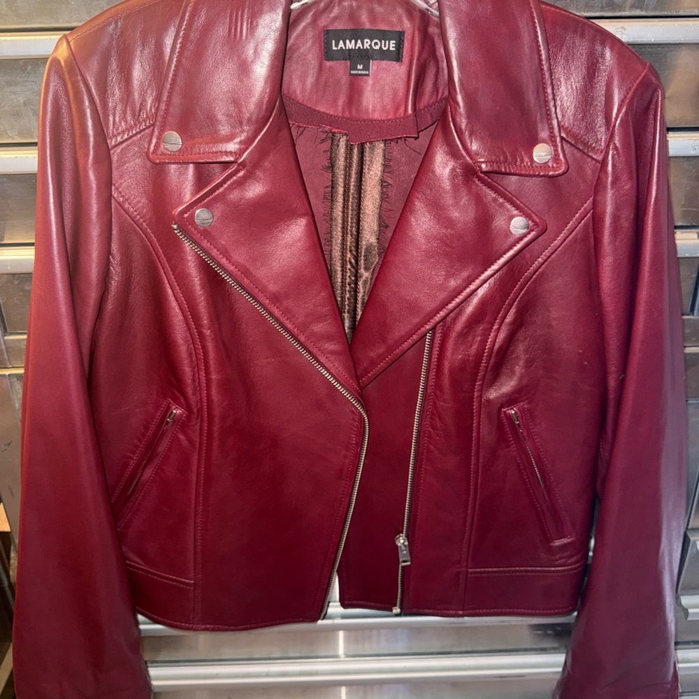 LAMARQUE Women's Burgundy Leather Moto Jacket- Size Medium